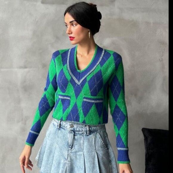 Zara Metallic Thread Argyle Knit Sweater L - Picture 2 of 3